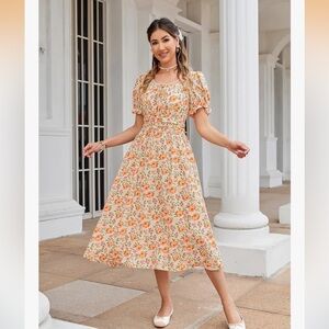 Chic Floral cottagecore Midi Dress in Orange and Cream